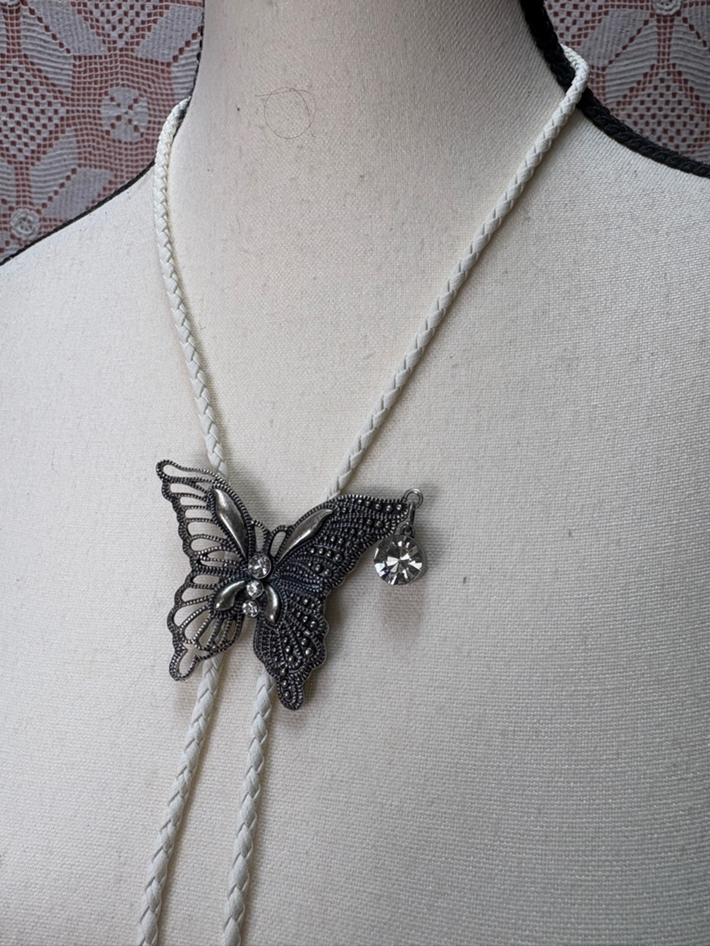 Handcrafted Butterfly Bolo Tie Necklace White Braided Cord - Picture 6 of 7